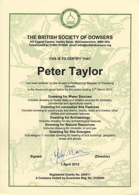 Peter Taylor, The British Society of Dowsers - Certification